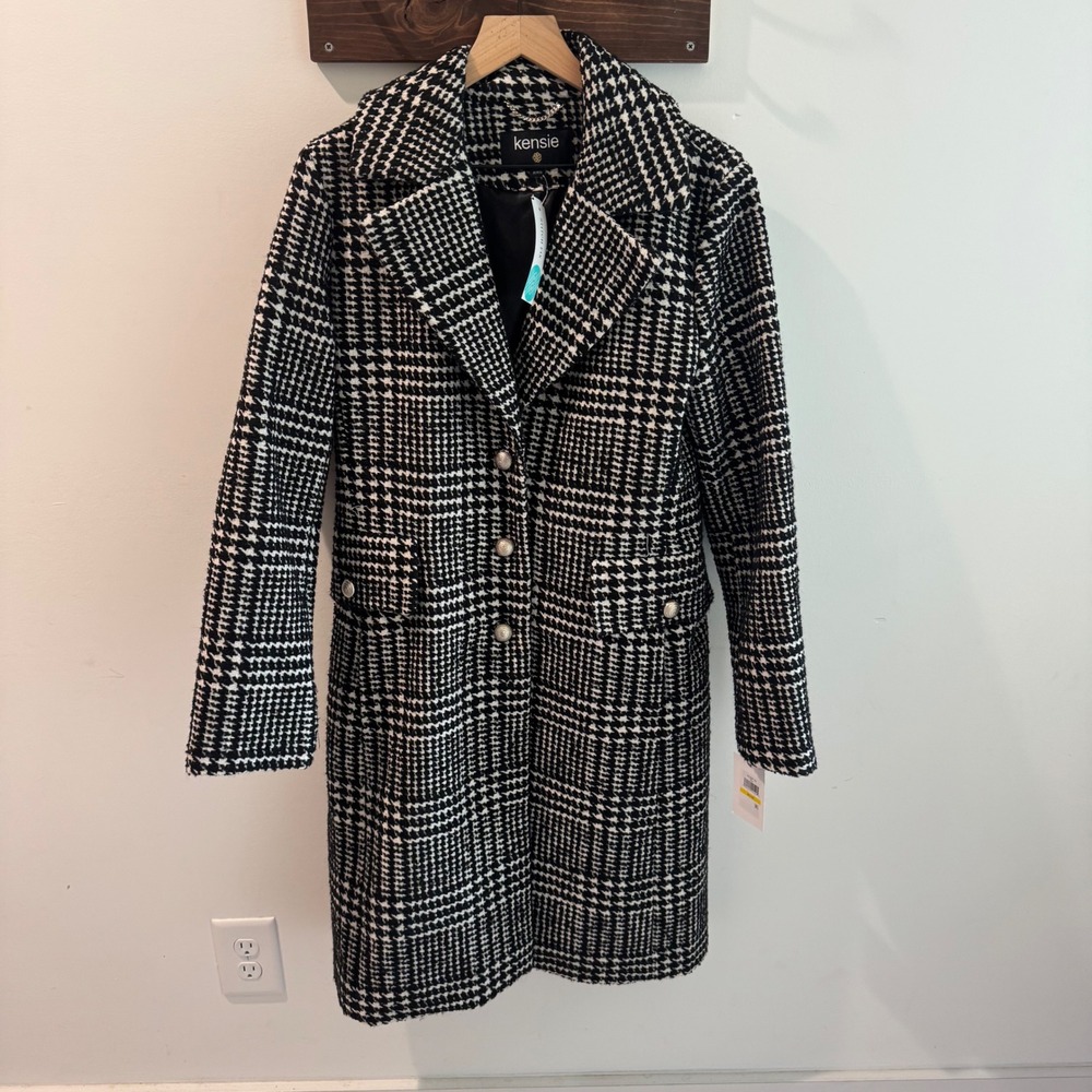 Kensie Plaid Belted Trench Coat Black White Houndstooth Womens Medium NWT